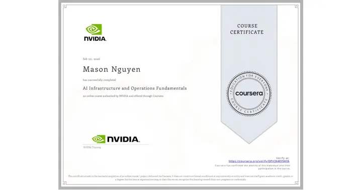 AI Infrastructure and Operations Fundamentals certificate from NVIDIA