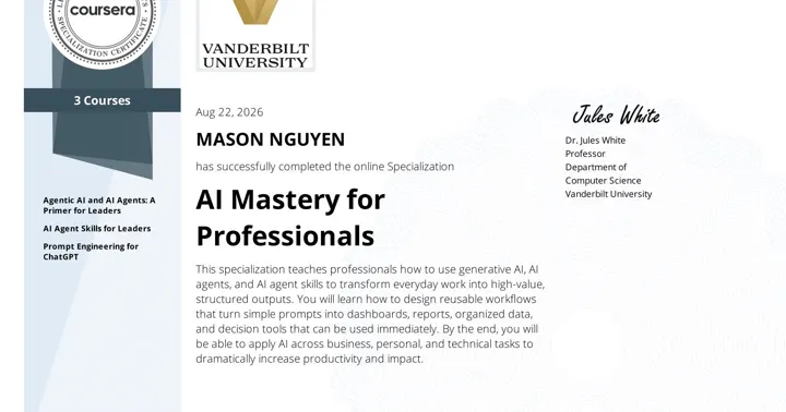AI Mastery for Professionals specialization certificate from Vanderbilt University