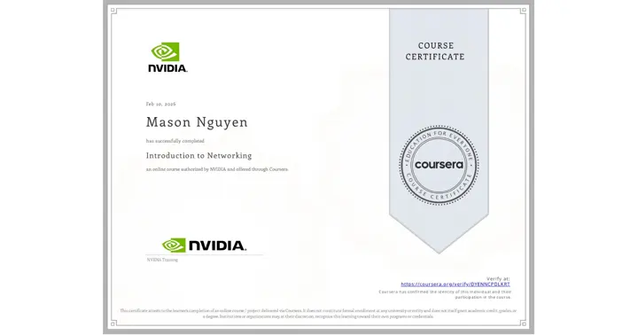 Introduction to Networking certificate from NVIDIA