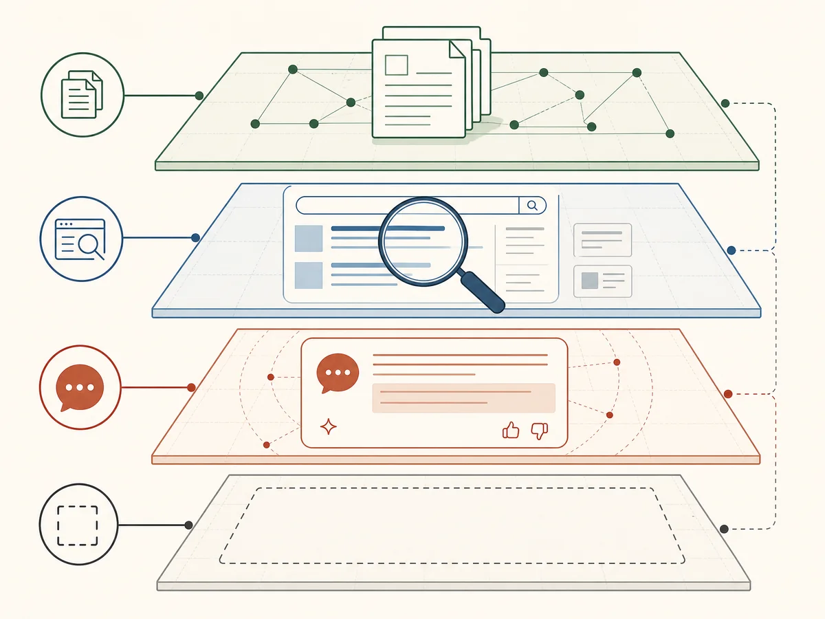 Conceptual four-layer illustration representing structural health, search platform metrics, contextual answer observation, and unknown outcomes