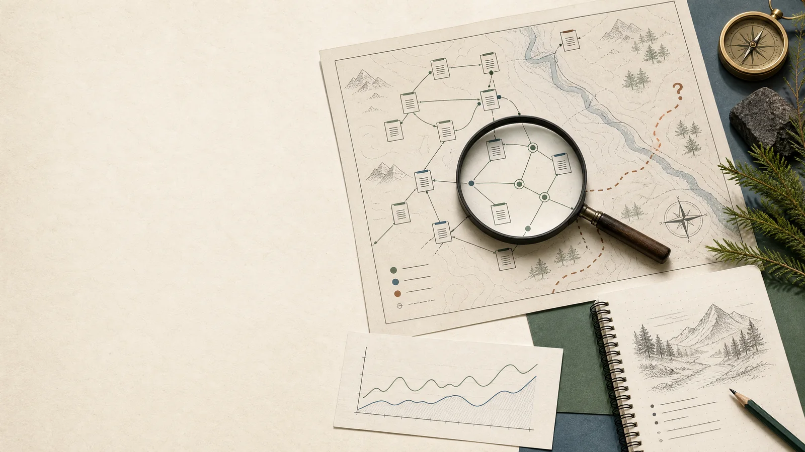 Editorial field-desk illustration showing connected page nodes, a route map, a search chart, and an observation notebook kept as separate evidence objects
