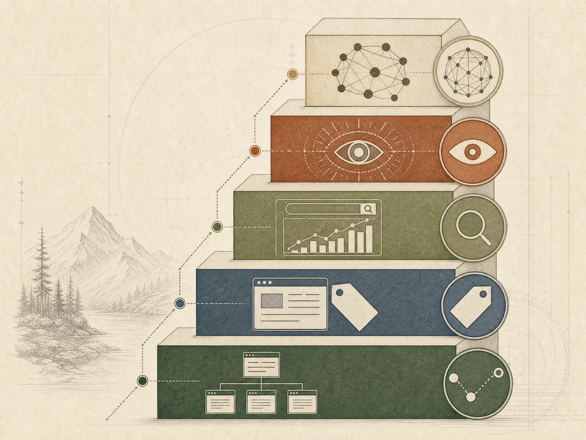 Conceptual five-step measurement ladder moving from route checks through metadata, search metrics, contextual observation, and independent authority review