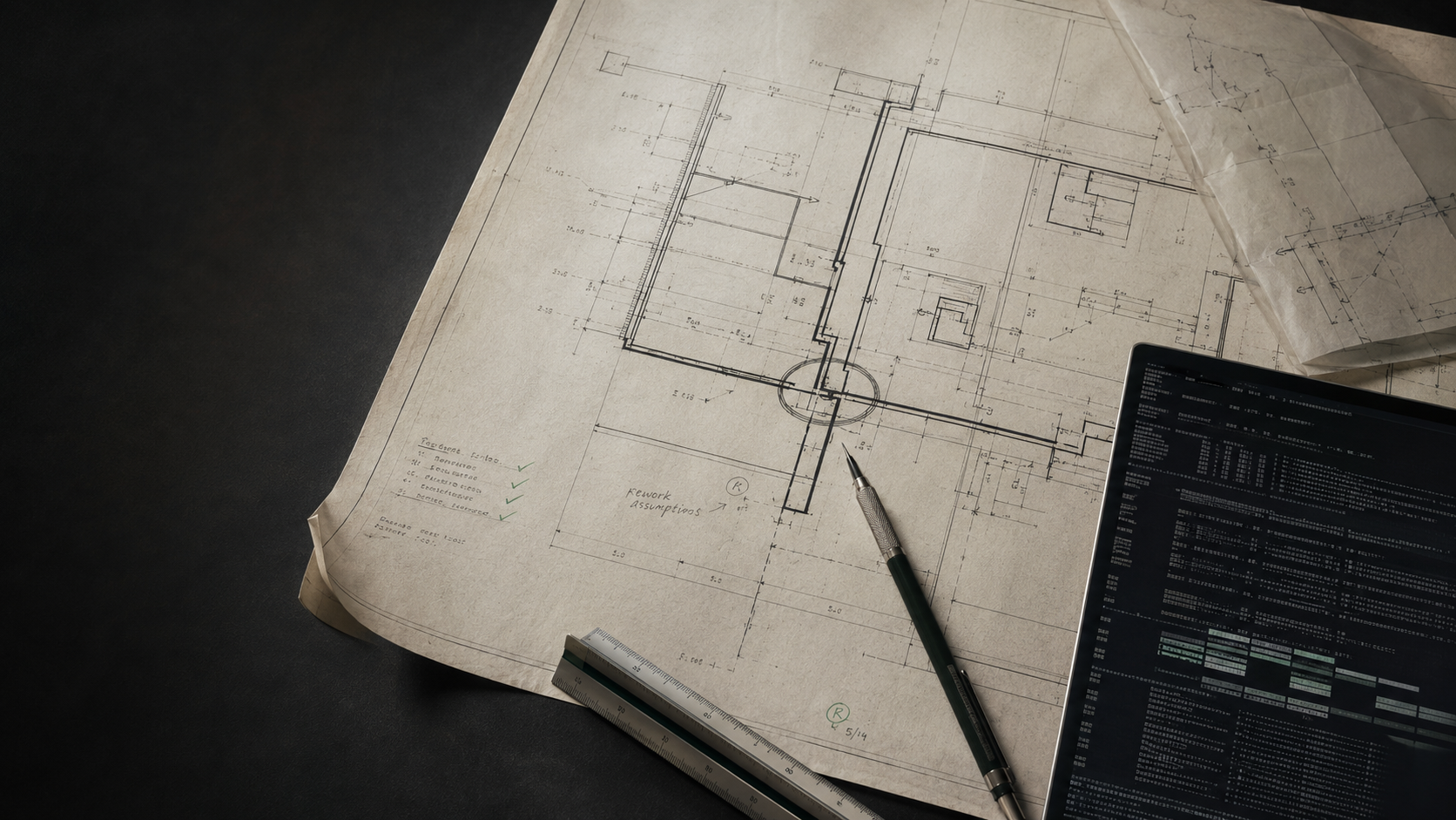 Architectural plans, handwritten assumptions, a drafting pencil, and a laptop displaying code